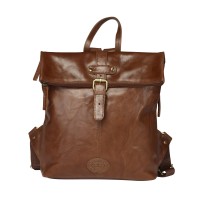 London Leathergoods Buffed Crumple Zipped Fold Top Backpack with Front & Back Zip