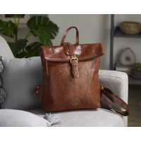 London Leathergoods Buffed Crumple Zipped Fold Top Backpack with Front & Back Zip
