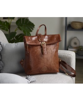 London Leathergoods Buffed Crumple Zipped Fold Top Backpack with Front & Back Zip
