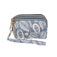 Lorenz Botanical Quilted Fabric Triple Top Zip Coin/Accessory Pouch Purse with Detachable Wrist Strap