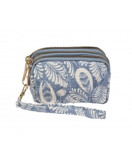 Lorenz Botanical Quilted Fabric Triple Top Zip Coin/Accessory Pouch Purse with Detachable Wrist Strap