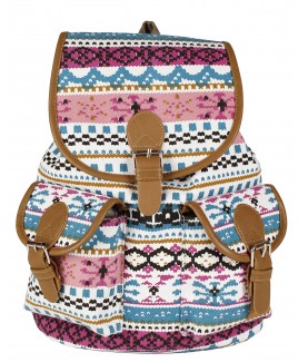 Boho Style Canvas Backpack with Top Flap & Two Front Pockets