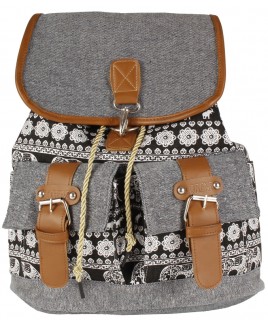 Canvas Boho Style Backpack with Clip Fastened Top Flap & 2 Front Pockets