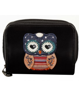 PU Owl Motif Zip Round Purse with Front Wallet Section