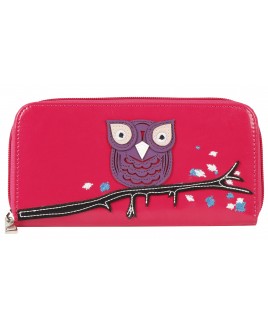 PU Owl on  a Branch Motif Long Zip Round Purse 