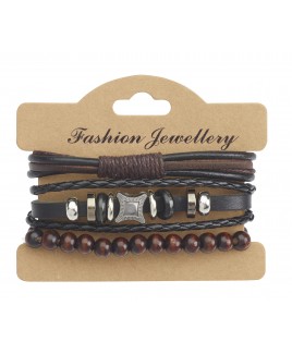 Leather Bracelet with Beading and Brushed Nickel Effect Stud